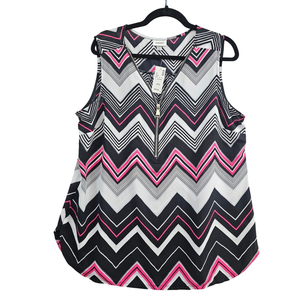 Avenue Blouse Womens 14/16 Black Pink Zig Zag Chevron Half Zip Sleeveless Top NW